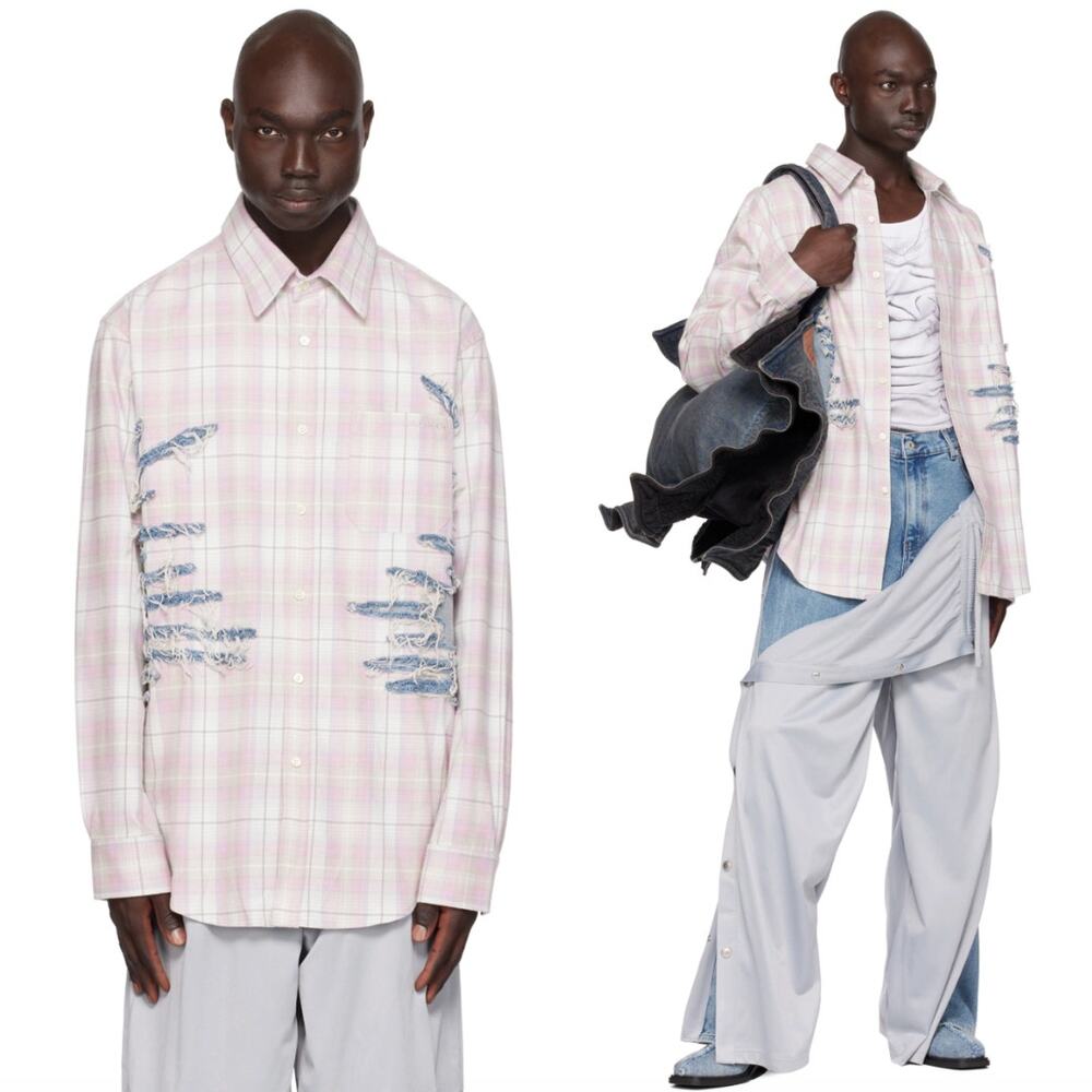 Y-PROJECT | Whisker Distressed Denim Flannel Shirt in Pink Gray Plaid XXL